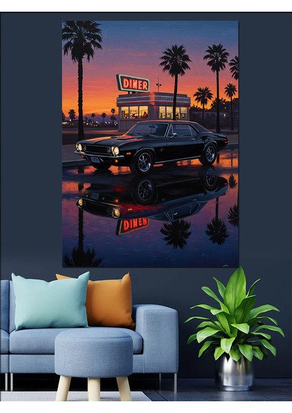 Palmiye Ağaçları Gece Şehir ve Araba Dekoratif Kanvas - Mdf Ahşap Tablo fırsatları