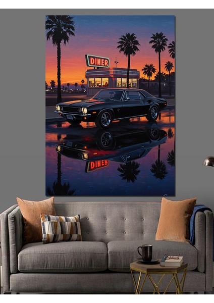 Palmiye Ağaçları Gece Şehir ve Araba Dekoratif Kanvas - Mdf Ahşap Tablo indirimleri