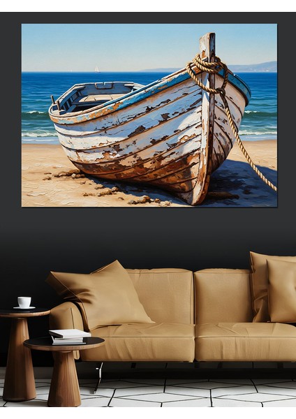 Eski Tekne Mavi Kıyı Dekoratif Kanvas - Mdf Ahşap Tablo