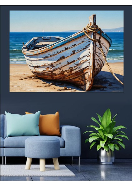 Eski Tekne Mavi Kıyı Dekoratif Kanvas - Mdf Ahşap Tablo fiyatları