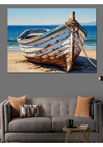Eski Tekne Mavi Kıyı Dekoratif Kanvas - Mdf Ahşap Tablo modelleri