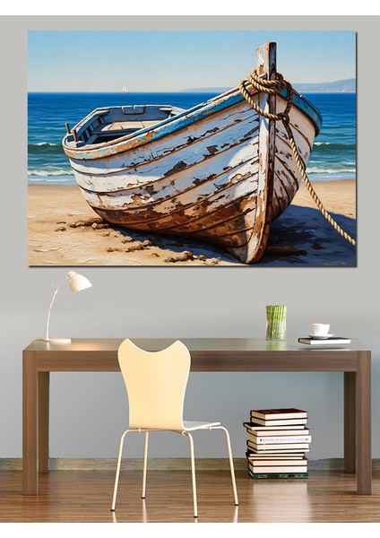 Eski Tekne Mavi Kıyı Dekoratif Kanvas - Mdf Ahşap Tablo fırsatları