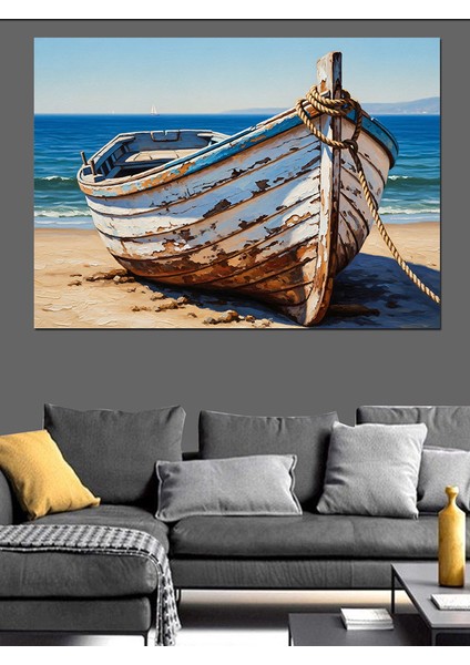 Eski Tekne Mavi Kıyı Dekoratif Kanvas - Mdf Ahşap Tablo indirimleri