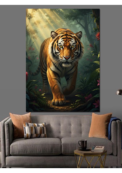 Kaplan Vahşi Doğada Orman Dekoratif Kanvas - Mdf Ahşap Tablo