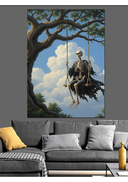 Salıncakta Oturan Iskelet Resim Dekoratif Kanvas - Mdf Ahşap Tablo