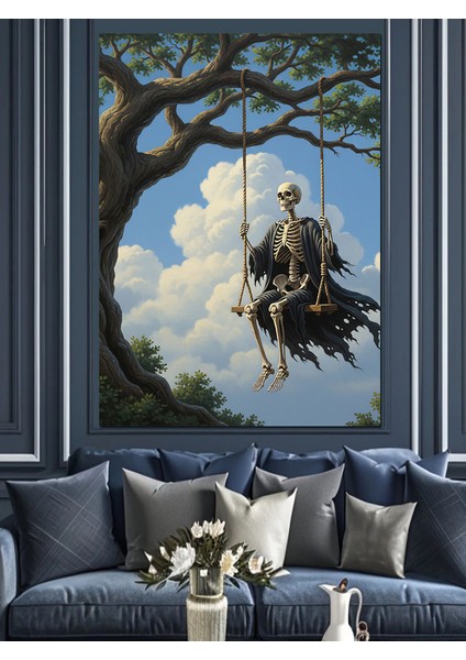 Salıncakta Oturan Iskelet Resim Dekoratif Kanvas - Mdf Ahşap Tablo fiyatları