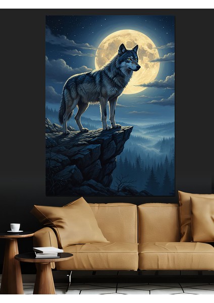 Dolunay Altında Yürüyen Kurt Dekoratif Kanvas - Mdf Ahşap Tablo