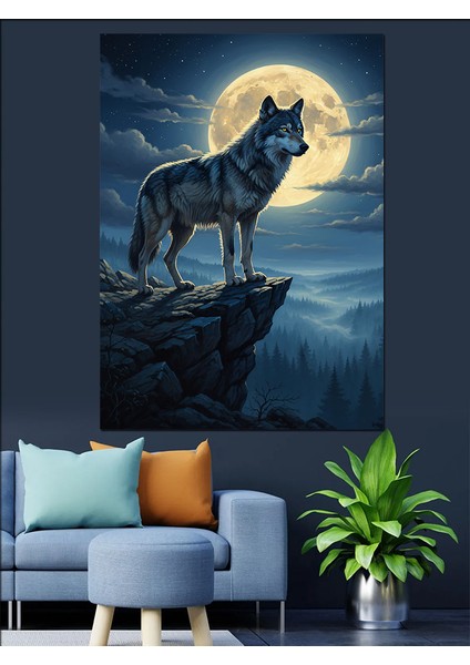 Dolunay Altında Yürüyen Kurt Dekoratif Kanvas - Mdf Ahşap Tablo fiyatları