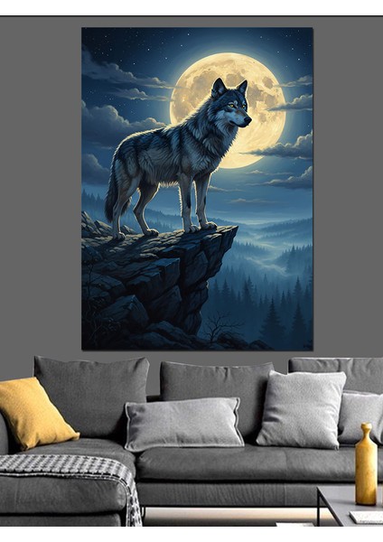 Dolunay Altında Yürüyen Kurt Dekoratif Kanvas - Mdf Ahşap Tablo fırsatları