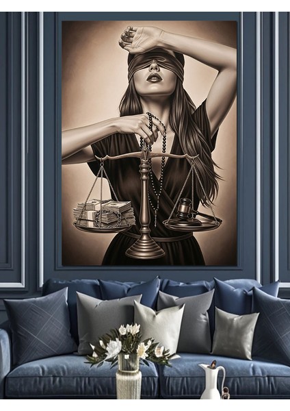 Sepya Renkli Adalet ve Terazi Dekoratif Kanvas - Mdf Ahşap Tablo