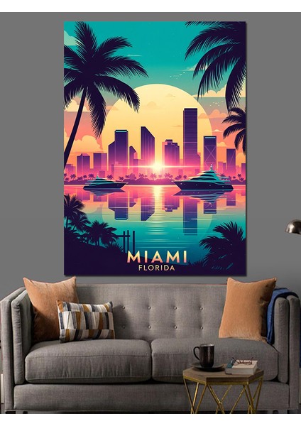 Miami Sahili Palmiyeler Neon Dekoratif Kanvas - Mdf Ahşap Tablo