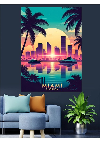 Miami Sahili Palmiyeler Neon Dekoratif Kanvas - Mdf Ahşap Tablo fiyatları