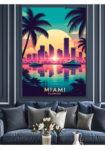 Miami Sahili Palmiyeler Neon Dekoratif Kanvas - Mdf Ahşap Tablo fırsatları