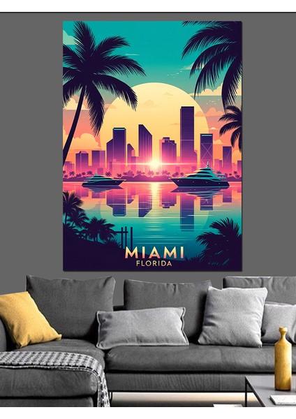 Miami Sahili Palmiyeler Neon Dekoratif Kanvas - Mdf Ahşap Tablo indirimleri