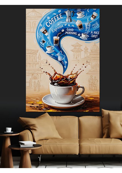 Kahve Fincanı Mavi Türler Dekoratif Kanvas - Mdf Ahşap Tablo