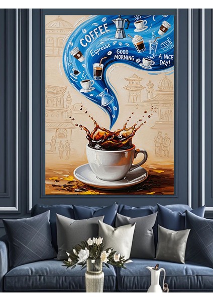 Kahve Fincanı Mavi Türler Dekoratif Kanvas - Mdf Ahşap Tablo fiyatları