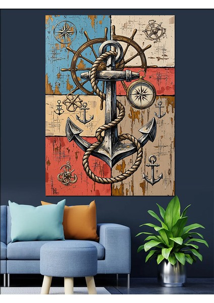 Çapa Zincir Denizcilik Vintage Dekoratif Kanvas - Mdf Ahşap Tablo
