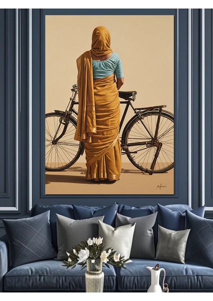 Bisiklet Süren Uzun Şallı Kadın Dekoratif Kanvas - Mdf Ahşap Tablo