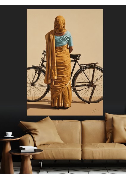 Bisiklet Süren Uzun Şallı Kadın Dekoratif Kanvas - Mdf Ahşap Tablo fiyatları