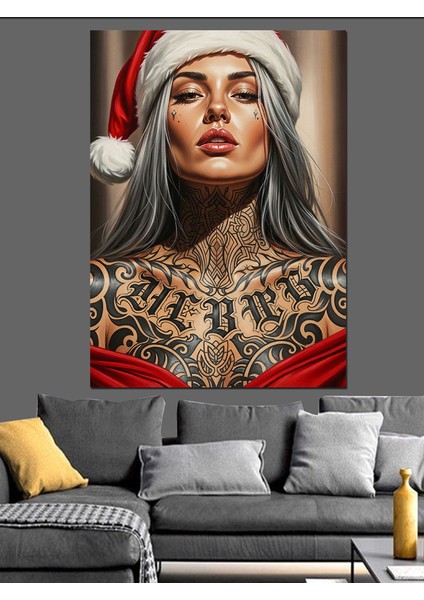 Noel Şapkalı Kadın Portre Dekoratif Kanvas - Mdf Ahşap Tablo