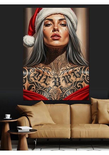 Noel Şapkalı Kadın Portre Dekoratif Kanvas - Mdf Ahşap Tablo modelleri