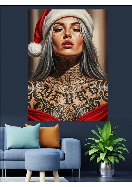Noel Şapkalı Kadın Portre Dekoratif Kanvas - Mdf Ahşap Tablo fırsatları