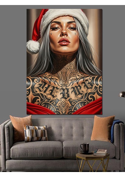 Noel Şapkalı Kadın Portre Dekoratif Kanvas - Mdf Ahşap Tablo indirimleri