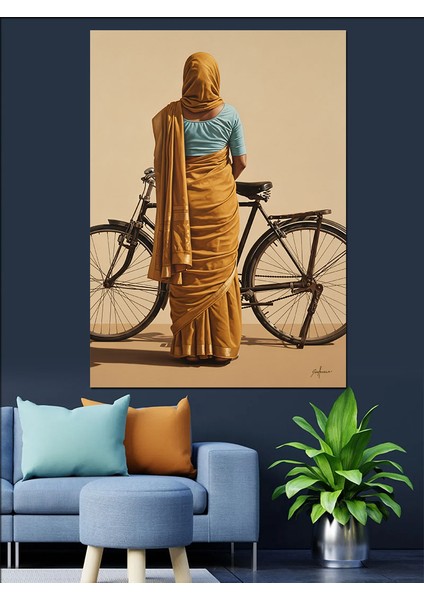 Bisiklet Süren Uzun Şallı Kadın Dekoratif Kanvas - Mdf Ahşap Tablo modelleri