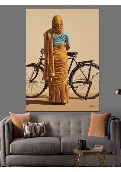 Bisiklet Süren Uzun Şallı Kadın Dekoratif Kanvas - Mdf Ahşap Tablo fırsatları