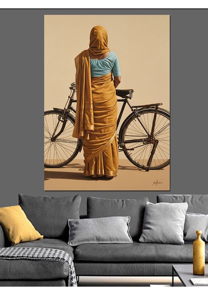 Bisiklet Süren Uzun Şallı Kadın Dekoratif Kanvas - Mdf Ahşap Tablo indirimleri