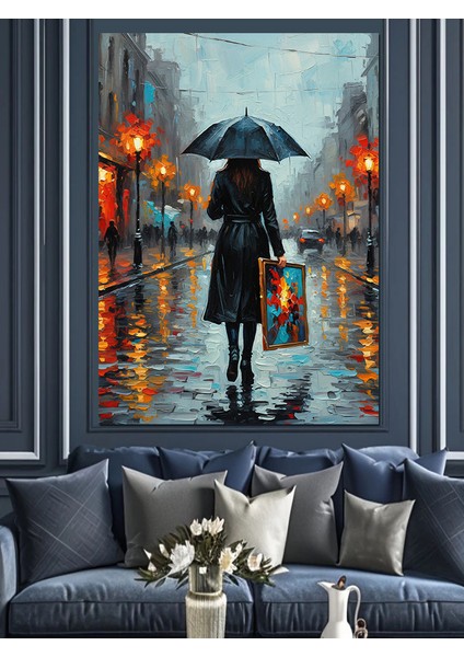 Yağmurda Şemsiyeli Siyah Silüet Dekoratif Kanvas - Mdf Ahşap Tablo