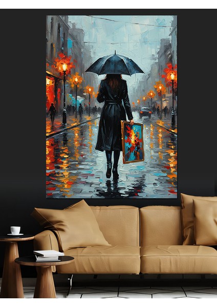 Yağmurda Şemsiyeli Siyah Silüet Dekoratif Kanvas - Mdf Ahşap Tablo fiyatları