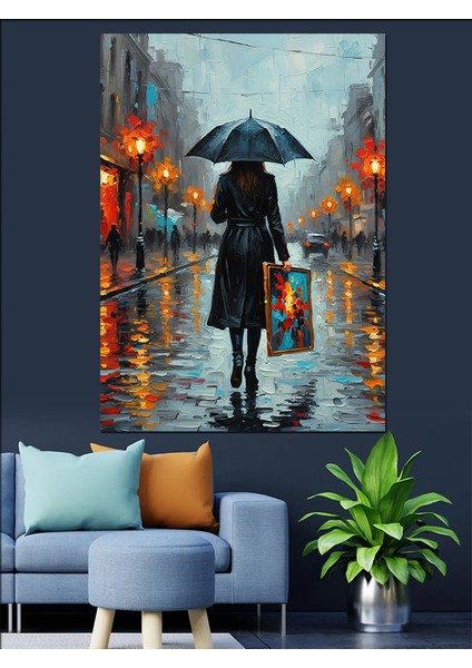 Yağmurda Şemsiyeli Siyah Silüet Dekoratif Kanvas - Mdf Ahşap Tablo modelleri
