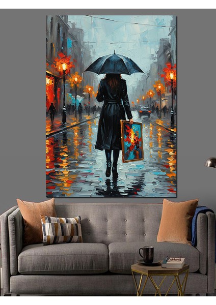 Yağmurda Şemsiyeli Siyah Silüet Dekoratif Kanvas - Mdf Ahşap Tablo fırsatları