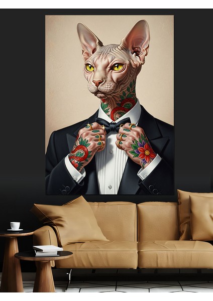 Papyonlu Kedi Adam Portresi Dekoratif Kanvas - Mdf Ahşap Tablo