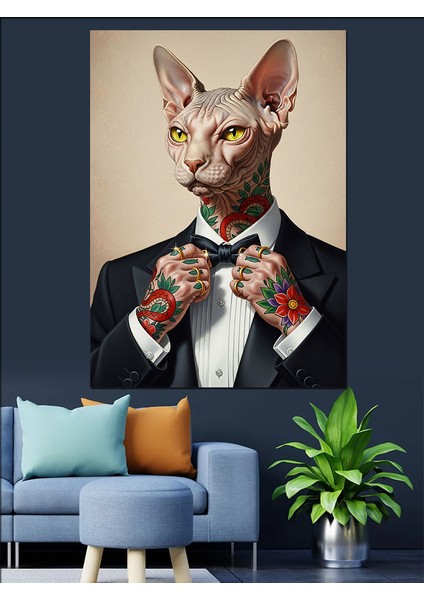 Papyonlu Kedi Adam Portresi Dekoratif Kanvas - Mdf Ahşap Tablo fiyatları