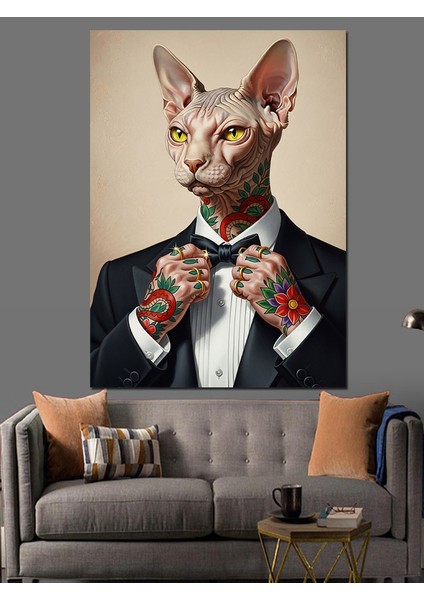Papyonlu Kedi Adam Portresi Dekoratif Kanvas - Mdf Ahşap Tablo modelleri