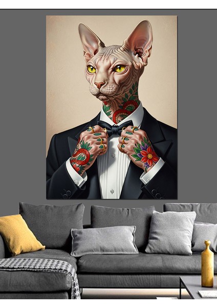 Papyonlu Kedi Adam Portresi Dekoratif Kanvas - Mdf Ahşap Tablo fırsatları