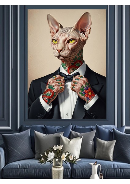 Papyonlu Kedi Adam Portresi Dekoratif Kanvas - Mdf Ahşap Tablo indirimleri