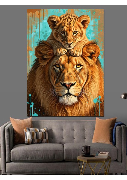Anne Aslan ve Yavrusu Portresi Vahşi Dekoratif Kanvas - Mdf Ahşap Tablo fiyatları