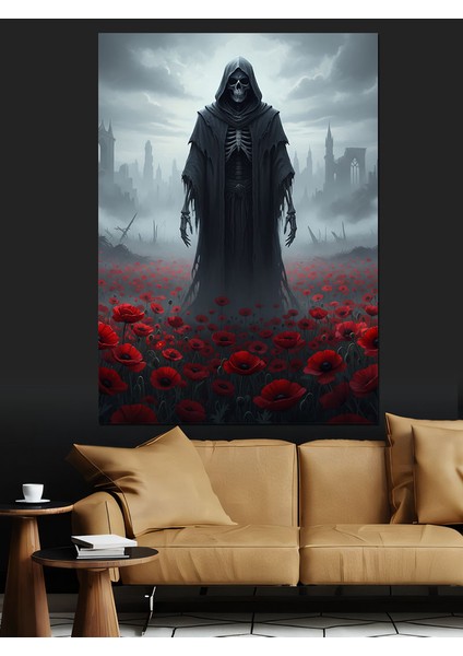 Kapşonlu Kırmızı Çiçekler ve Ölüm Meleği Dekoratif Kanvas - Mdf Ahşap Tablo