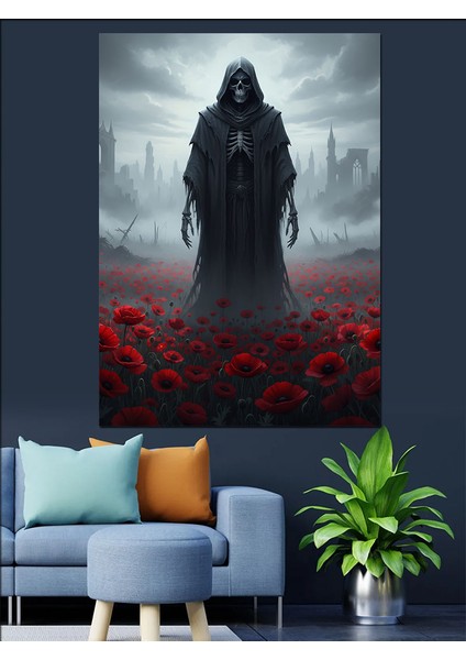 Kapşonlu Kırmızı Çiçekler ve Ölüm Meleği Dekoratif Kanvas - Mdf Ahşap Tablo fiyatları