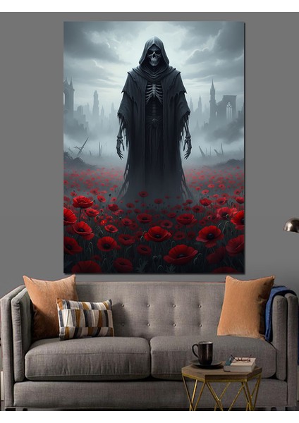 Kapşonlu Kırmızı Çiçekler ve Ölüm Meleği Dekoratif Kanvas - Mdf Ahşap Tablo modelleri