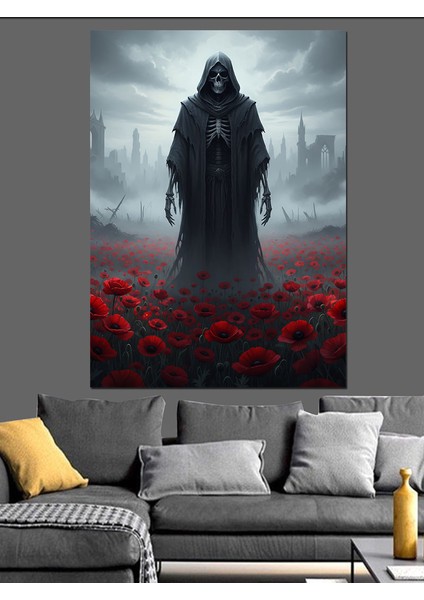 Kapşonlu Kırmızı Çiçekler ve Ölüm Meleği Dekoratif Kanvas - Mdf Ahşap Tablo fırsatları