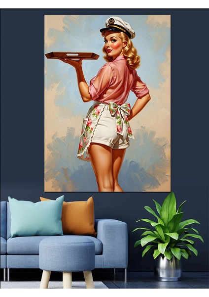 Retro Elbiseli Gülen Pin-Up Dekoratif Kanvas - Mdf Ahşap Tablo modelleri