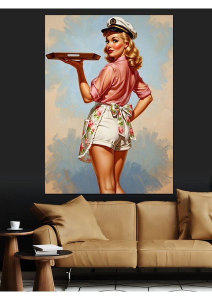 Retro Elbiseli Gülen Pin-Up Dekoratif Kanvas - Mdf Ahşap Tablo fırsatları