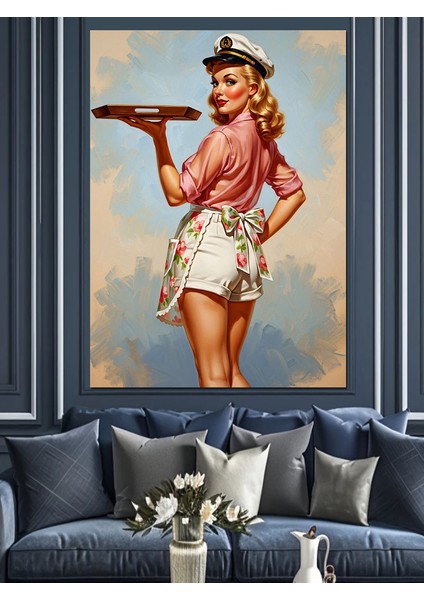 Retro Elbiseli Gülen Pin-Up Dekoratif Kanvas - Mdf Ahşap Tablo indirimleri