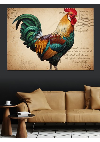 Mektup Fonlu Renkli Horoz Dekoratif Kanvas - Mdf Ahşap Tablo