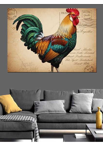 Mektup Fonlu Renkli Horoz Dekoratif Kanvas - Mdf Ahşap Tablo fırsatları