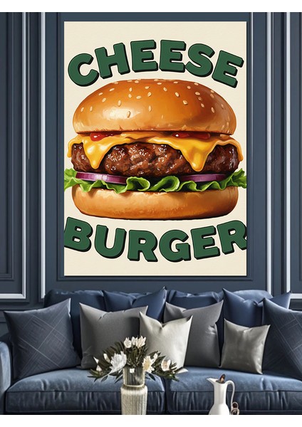 Peynirli Hamburger Yemek Sanatı Dekoratif Kanvas - Mdf Ahşap Tablo